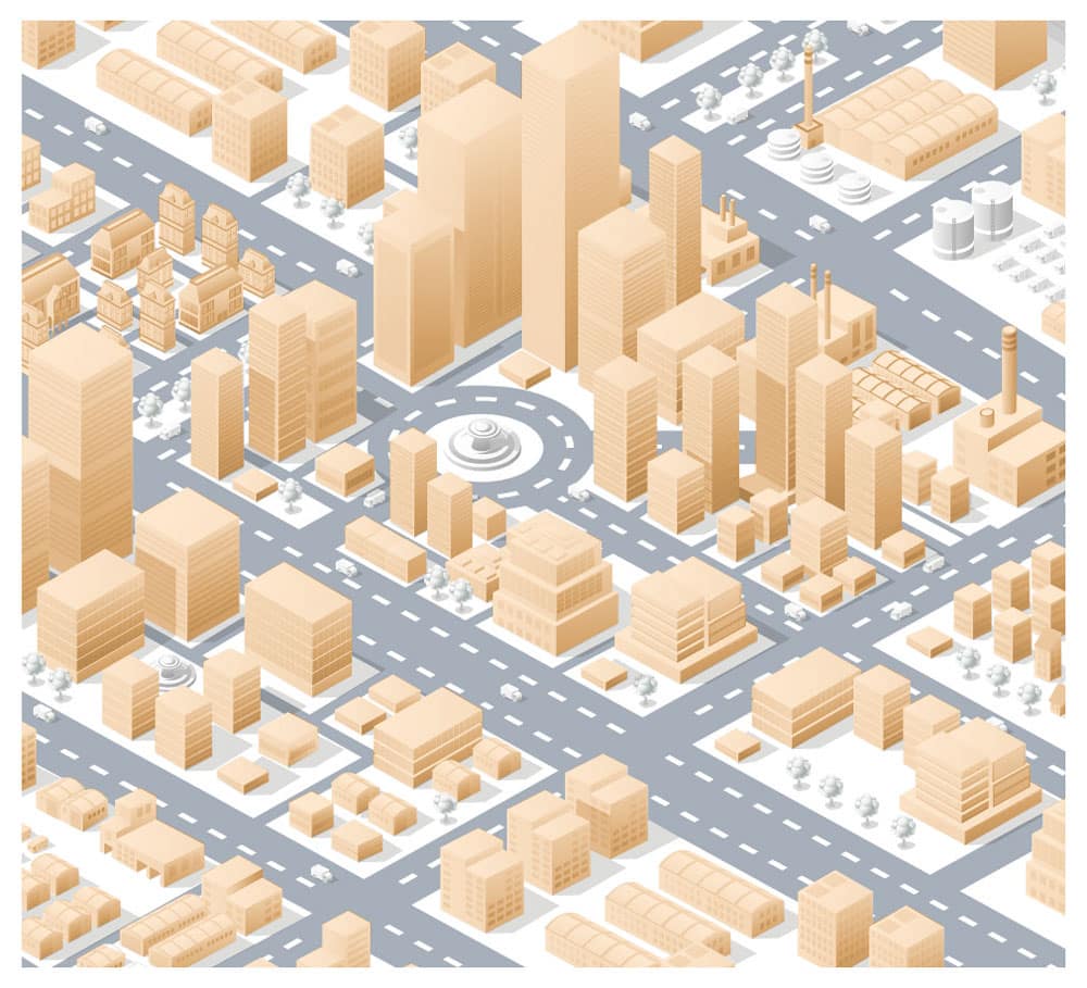 Illustration of a city with roads and buildings, representing the reach of connected TV advertising.