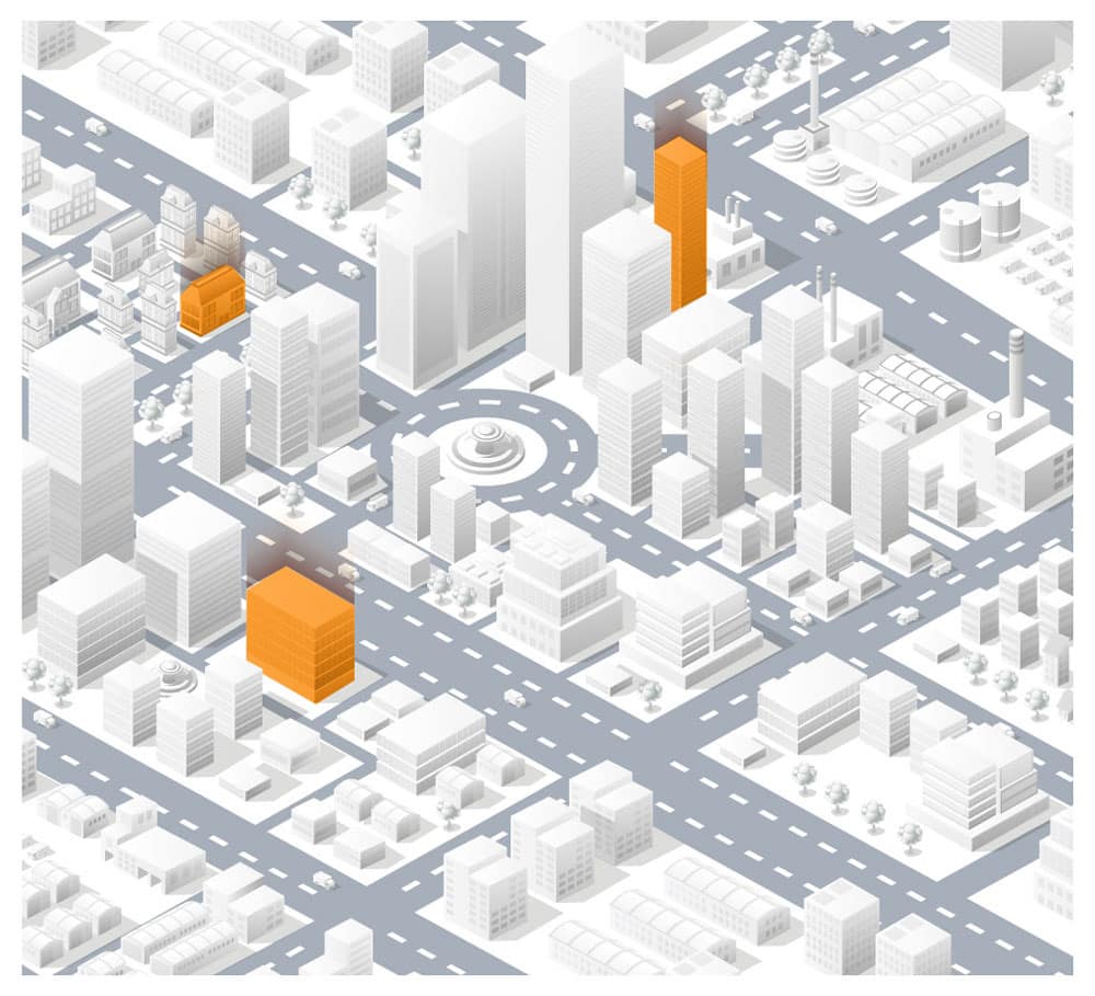 Illustration of a city with highlighted buildings, symbolizing targeted CTV/OTT advertising services.