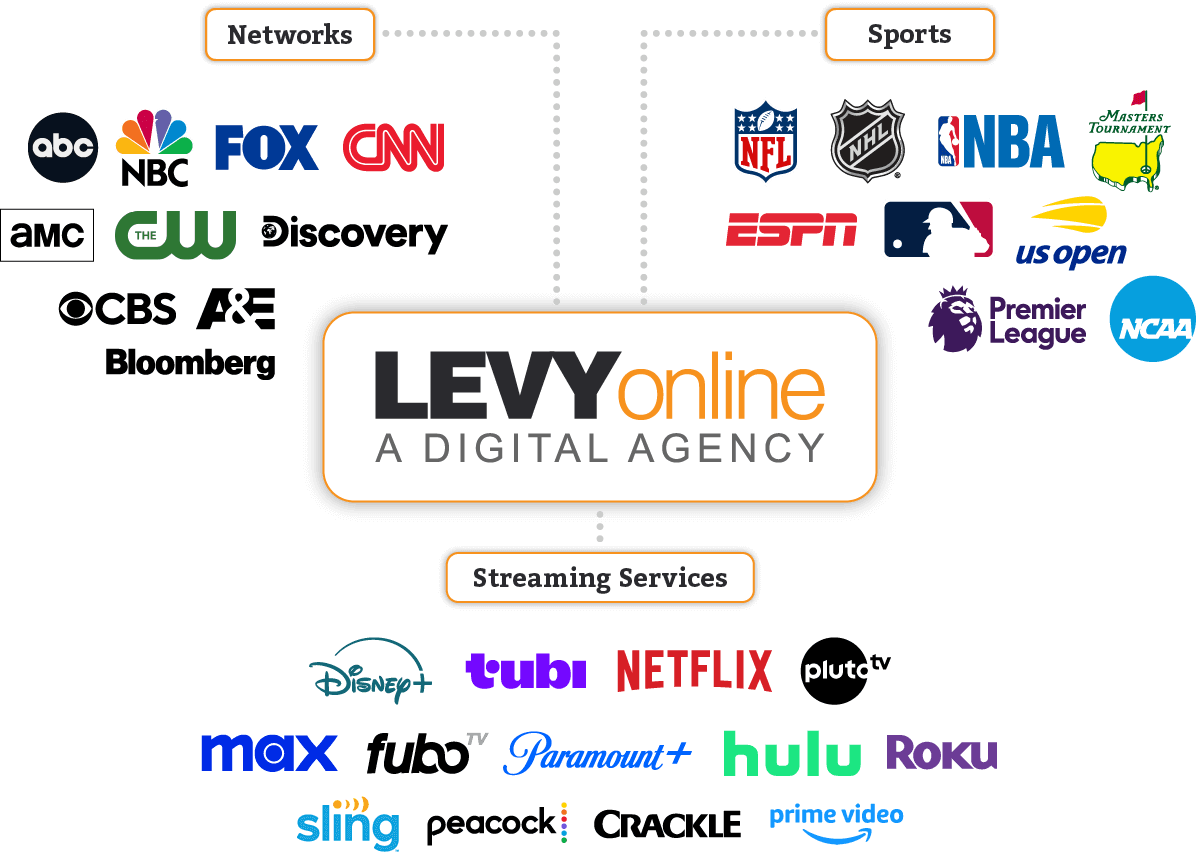 Levy Online showcasing CTV advertising partners including networks, sports leagues, and streaming services like Netflix and Hulu.